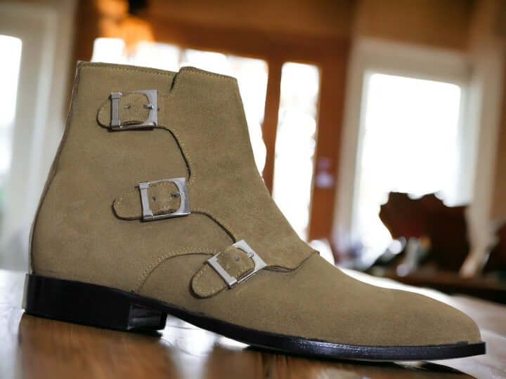 Handmade Men's Ankle High Beige Suede Boot, Triple Buckle Boot, Luxury Boot