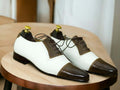 Handmade Brown White Leather Shoes, Men's Cap Toe Lace Up Dress Shoes