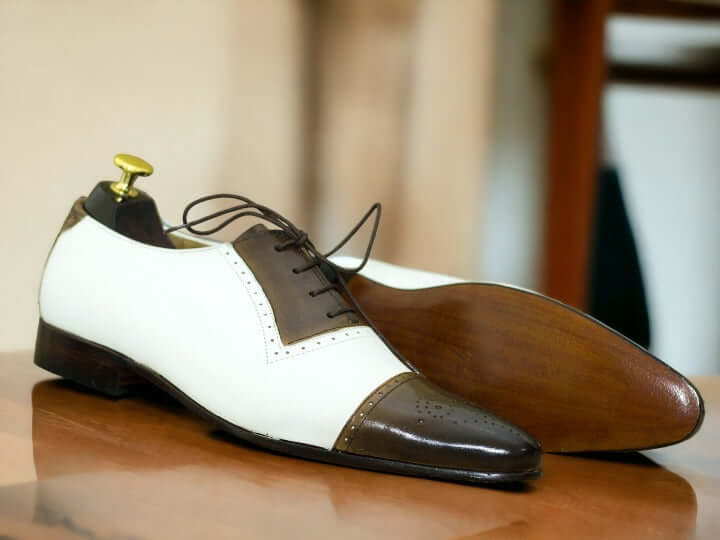 Handmade Brown White Leather Shoes, Men's Cap Toe Lace Up Dress Shoes