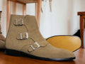 Handmade Men's Ankle High Beige Suede Boot, Triple Buckle Boot, Luxury Boot