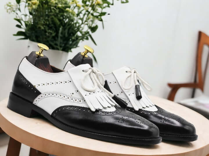 Men's Black & White Fringe Leather Shoes, Wing Tip Shoes, Handmade Oxford Shoes