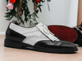 Men's Black & White Fringe Leather Shoes, Wing Tip Shoes, Handmade Oxford Shoes