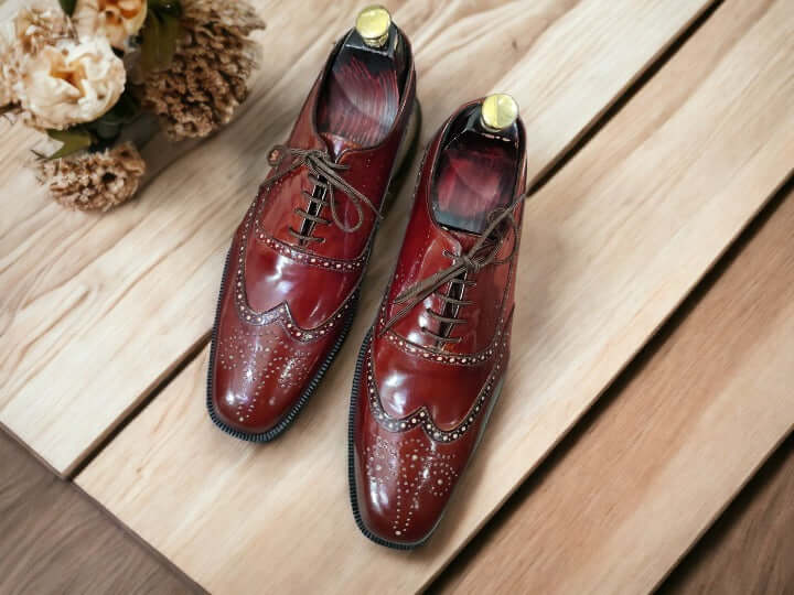 Handmade Burgundy Alligator Wing Tip Brogue Shoes, Leather Shoes, Men's Oxford Shoes