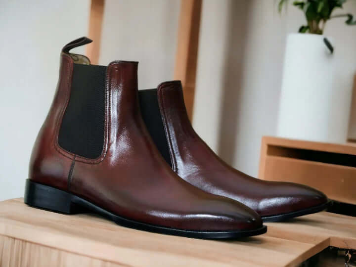 Handmade Burgundy Chelsea Leather boots, World Best Leather Ankle boots for Mens