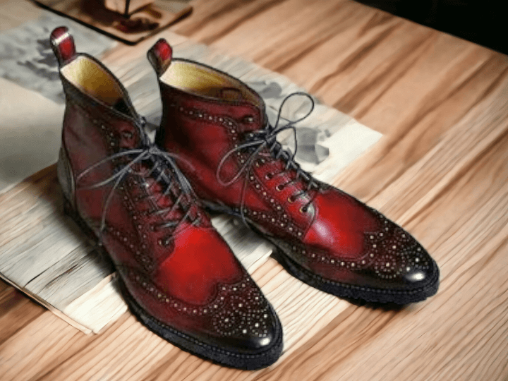 Handmade Burgundy Color Leather Boot, Men's Ankle High Wing Tip Brogue Lace up Dress Boot