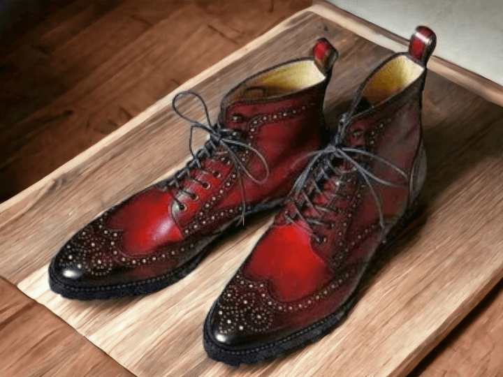 Handmade Burgundy Color Leather Boot, Men's Ankle High Wing Tip Brogue Lace up Dress Boot