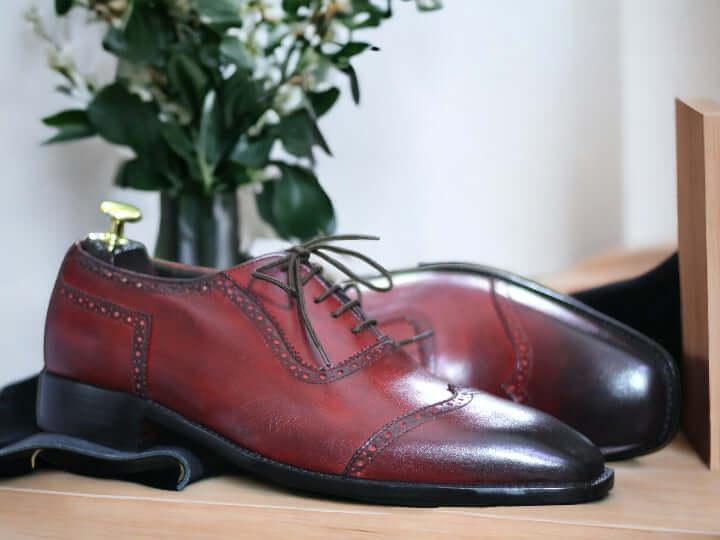 Handmade Burgundy Lace Up Leather Shoes, Wing Tip Brogue Shoes For Men's