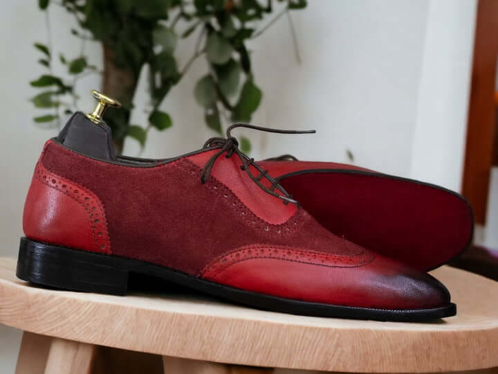 Bespoke Burgundy Leather Suede Shoes, Wing Tip Shoes, Men's Office Shoes