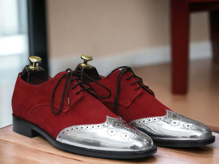 Handmade Burgundy Silver Lace Up Wing Tip Shoes