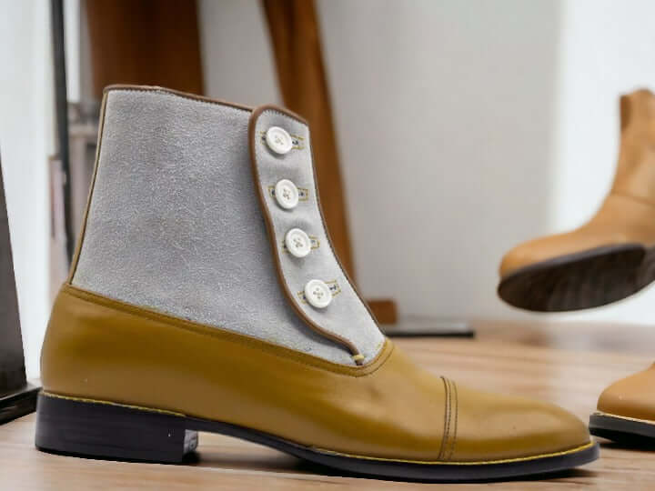 Handmade Button Top Two Tone Leather Boots