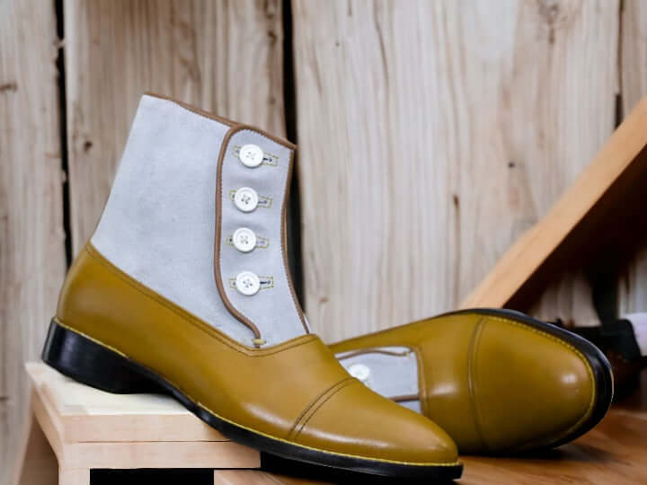 Handmade Button Top Two Tone Leather Boots