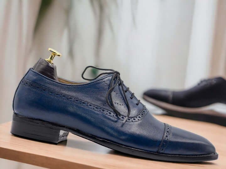 Handmade CapToe Blue Lace Brogue Leather Men's Shoes