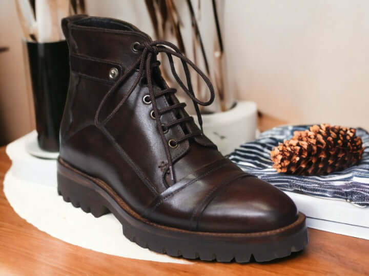 Handmade Dark Brown Lace Up Cap Toe Boot, Luxury Rubber Sole Boot