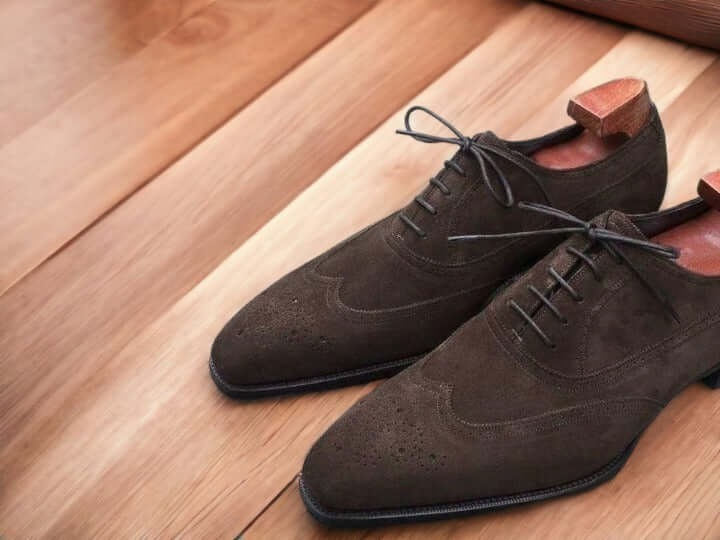 Handmade Dark Brown Suede Lace Up Shoes, Men's Oxford Wing Tip Shoes