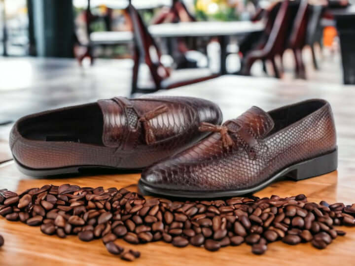  Handmade Genuine Brown Python Leather Shoes, Men's Slip On Moccasin Loafer Tussle Shoes