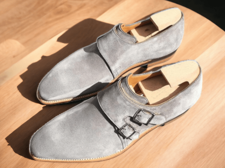 Handmade Gray Suede Double Monk Straps Shoes, Men's Dress Shoes