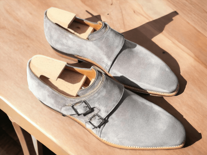 Handmade Gray Suede Double Monk Straps Shoes, Men's Dress Shoes