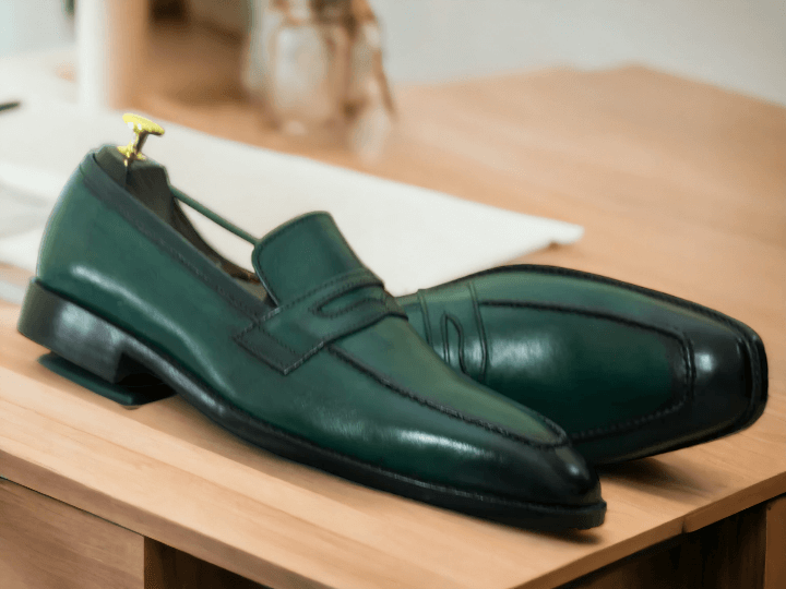 Handmade Green Leather Shoes, Men's Slip on Casual Shoes, Penny Loafer Style Shoes