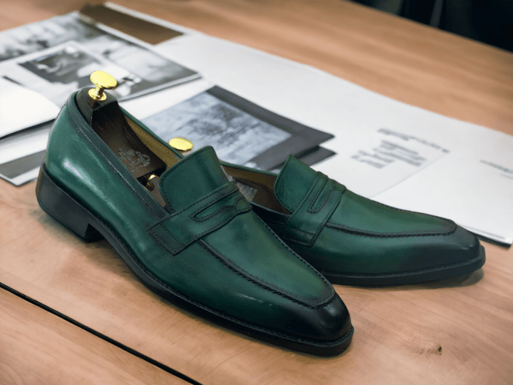 Handmade Green Leather Shoes, Men's Slip on Casual Shoes, Penny Loafer Style Shoes