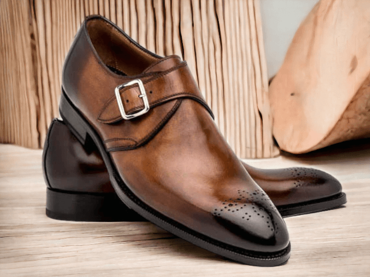 Handmade Leather Brown Single Buckle Style Shoes, Brogue Toe Shoes For Men's