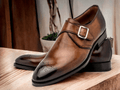 Handmade Leather Brown Single Buckle Style Shoes, Brogue Toe Shoes For Men's