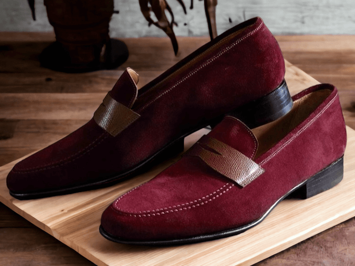 Handmade Maroon Color Suede Penny Loafer Slipper  Men's Fashion Moccasin Shoes