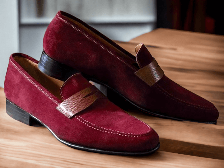 Handmade Maroon Color Suede Penny Loafer Slipper  Men's Fashion Moccasin Shoes