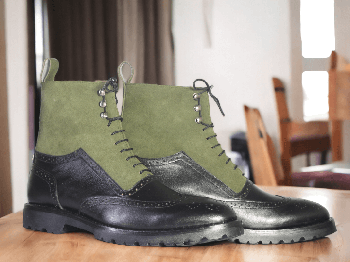 Expertly handcrafted, these Men Black & Green Wing Tip Brogue Leather Suede Boots elevate your style with their impeccable design and quality. The combination of leather and suede provides a luxurious feel, while the wing tip brogue detailing adds a touch of sophistication. Perfect for the fashionable man.