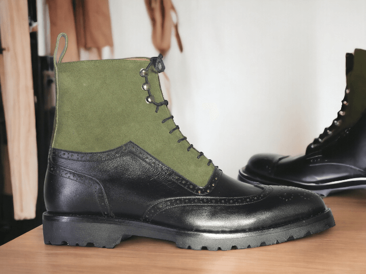 Expertly handcrafted, these Men Black & Green Wing Tip Brogue Leather Suede Boots elevate your style with their impeccable design and quality. The combination of leather and suede provides a luxurious feel, while the wing tip brogue detailing adds a touch of sophistication. Perfect for the fashionable man.