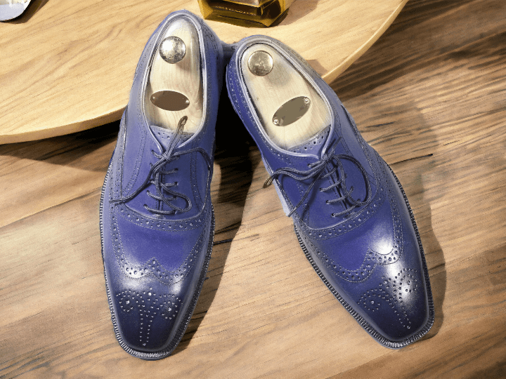 Handmade Men Blue Leather Wing Tip Brogue Lace Up Dress Shoes, Men Designer Shoe