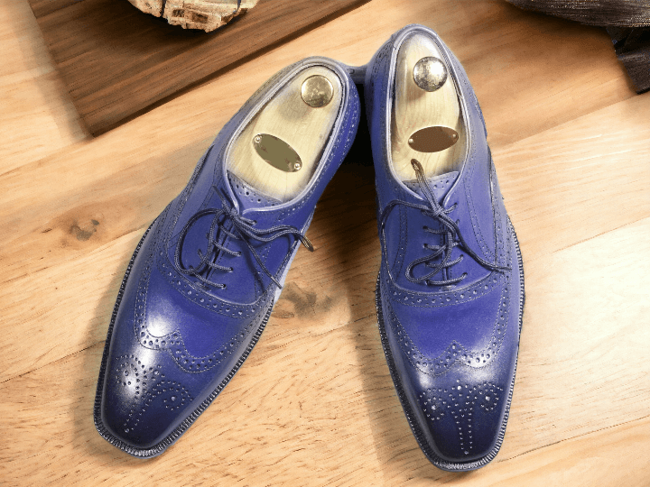 Handmade Men Blue Leather Wing Tip Brogue Lace Up Dress Shoes, Men Designer Shoe