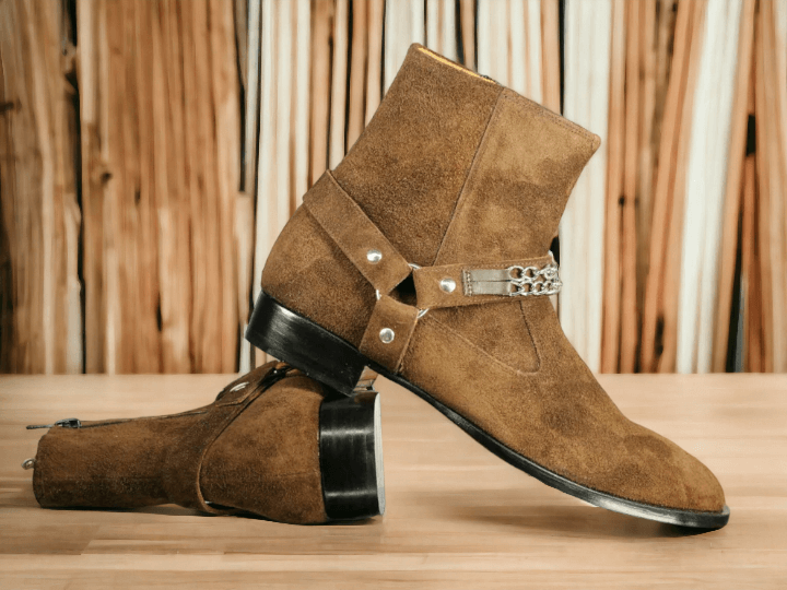 Handmade Men Harness Boots, Men Ankle Boots, Dress Brown Suede Boots