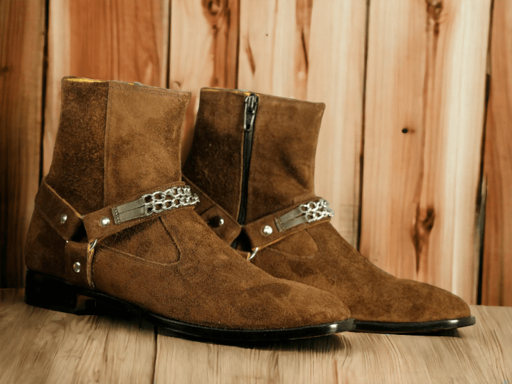 Handmade Men Harness Boots, Men Ankle Boots, Dress Brown Suede Boots