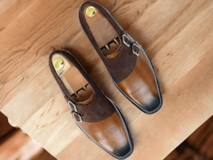 Handmade Men Two Tone Double Monk Dress Shoes, Men Leather Formal Shoes