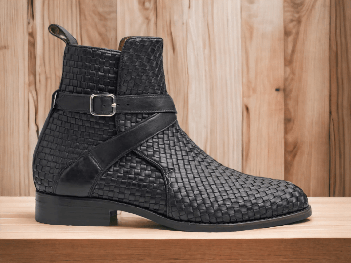 Handmade Men Woven Jodhpur's Leather Boots, Men Black Buckle Boots