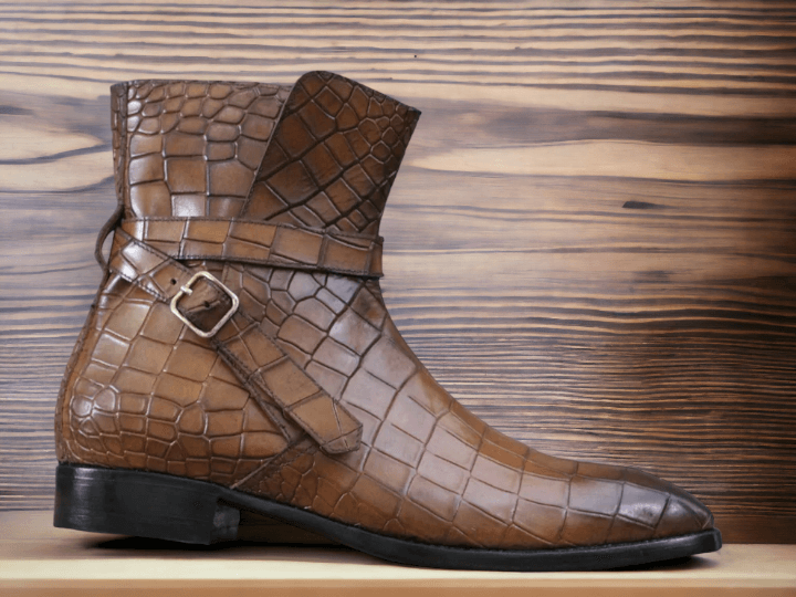 Handmade Men's Alligator Print Jodhpurs Boots, Men's Buckle Ankle High Boots, These stylish boots are crafted with a durable rubber sole and carefully stitched leather lining for a long-lasting shoe that is sure to have heads turning.