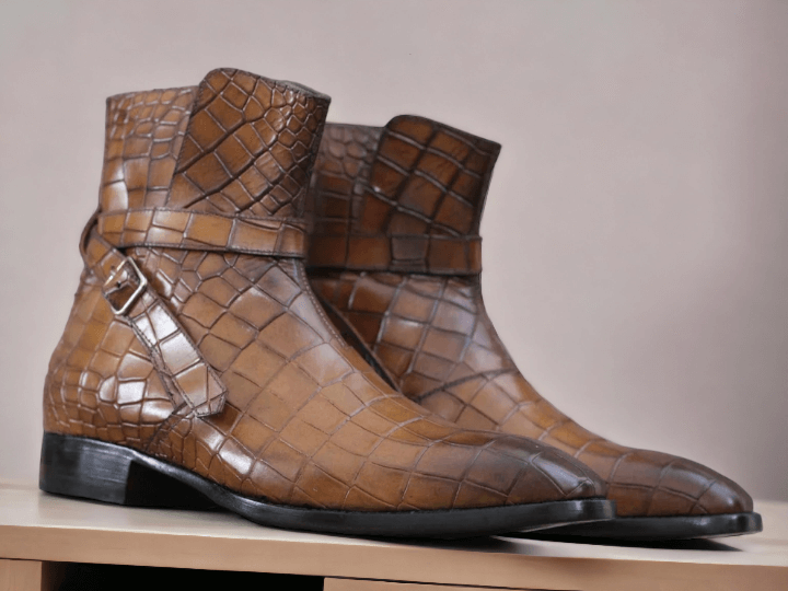 Handmade Men's Alligator Print Jodhpurs Boots, Men's Buckle Ankle High Boots, These stylish boots are crafted with a durable rubber sole and carefully stitched leather lining for a long-lasting shoe that is sure to have heads turning.