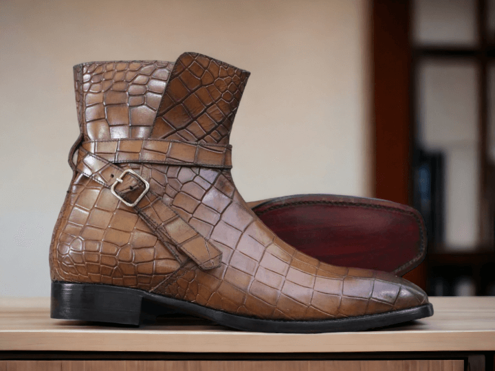 Handmade Men's Alligator Print Jodhpurs Boots, Men's Buckle Ankle High Boots, These stylish boots are crafted with a durable rubber sole and carefully stitched leather lining for a long-lasting shoe that is sure to have heads turning.