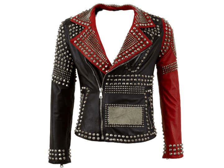 Handmade Men's Black Red Studded Leather Jacket, Men's Zipper Jacket, Biker Jacket