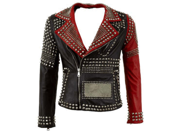 Handmade Men's Black Red Studded Leather Jacket, Men's Zipper Jacket, Biker Jacket