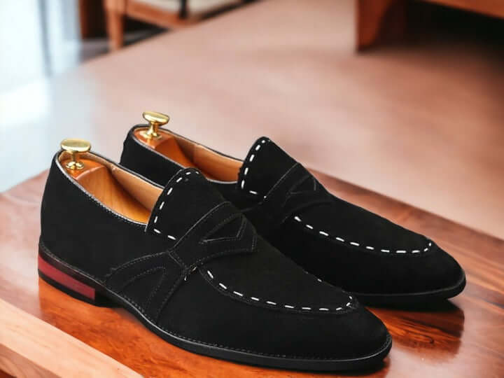 Hand Painted Men's Black Suede Penny Loafer Shoes, Slip On Moccasin Shoes