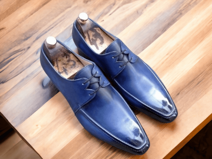 Handmade Men's Blue Derby Lace Up Dress Shoes, Real Leather Shoes