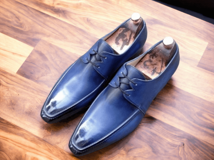 Handmade Men's Blue Derby Lace Up Dress Shoes, Real Leather Shoes