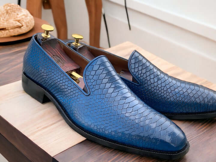 Handmade Men's Blue Python Loafer Shoes, Slip On Moccasin Shoes