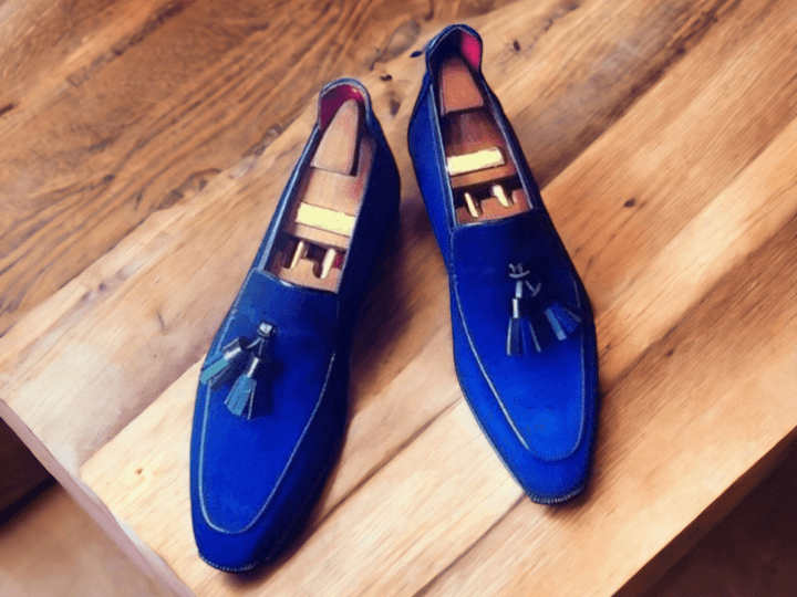 Handmade Men's Blue Suede Loafer Tussle Shoes, Slip On Casual Shoes, Luxury Shoes 