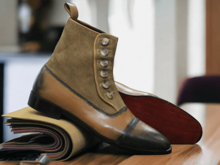 Handmade Men's Button Boots, Brown Leather And Suede Button Top Boot - Luxury Shelfs