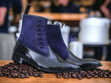 Handmade Men's Button Top Boots,Two Tone Suede & Patent Leather Boots