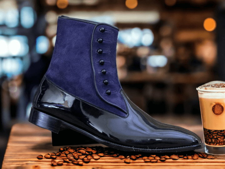 Handmade Men's Button Top Boots,Two Tone Suede & Patent Leather Boots