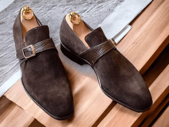 Handmade Men's Brown Suede Loafer Buckle Shoes, Slip On Moccasin Shoes