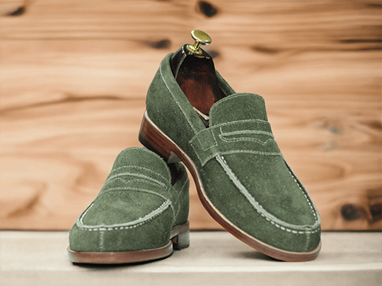 Handmade Men's Olive Green Suede Penny Loafer Shoes, Slip On Casual Shoes